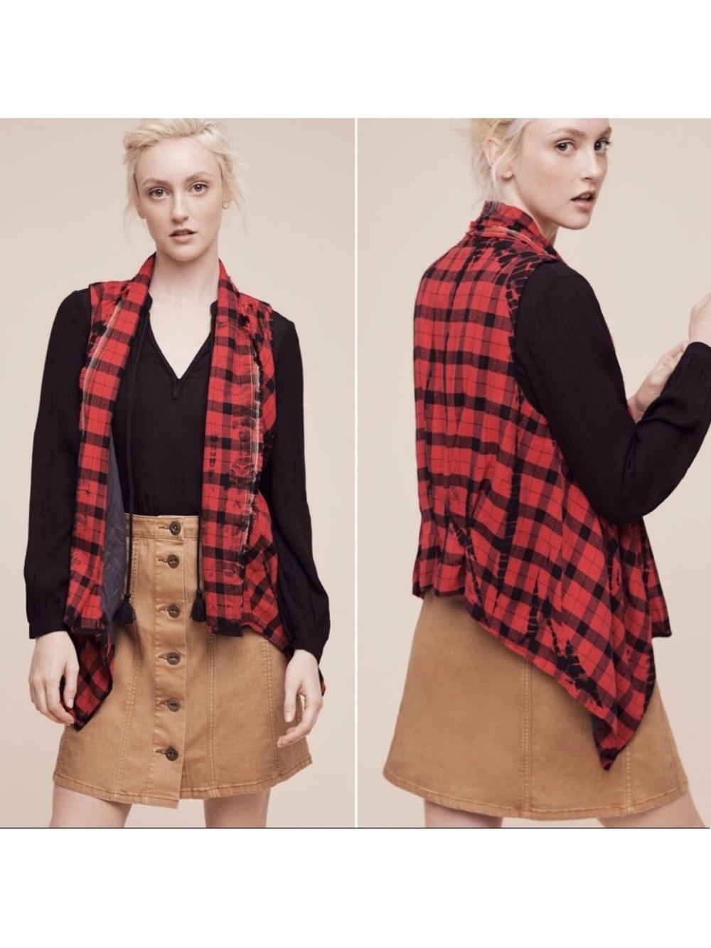 Elevenses Anthropologie Roxanne Red Buffalo Plaid Tie Dye Draped Vest Size M